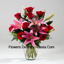 Lilies And Rose In A Vase Including Seasonal Fillers Delivered in Russia
