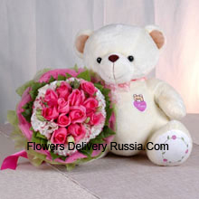Bunch Of 11 Pink Roses And A Medium Sized Cute Teddy Bear Delivered in Russia