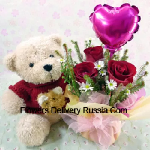 3 Red Roses With Assorted White Fillers In A Glass Vase Accompanied With A Cuddly Bear And A Heart Shaped Balloon