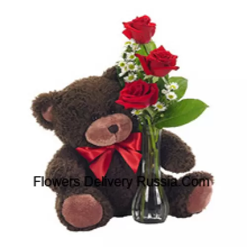 3 Red Roses With Some Ferns In A Glass Vase Along With A Cute 14 Inches Tall Teddy Bear