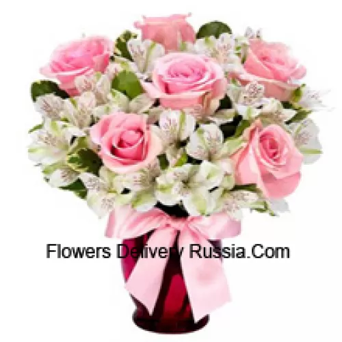 Pink Roses And White Alstroemeria Arrannged Beautifully In A Glass Vase
