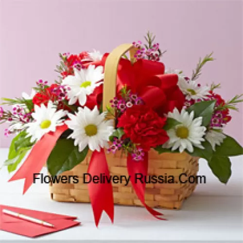 A Beautiful Arrangement Of White Gerberas And Red Carnations With Seasonal Fillers