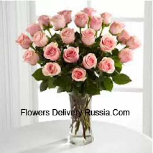 25 Pink Roses With Some Ferns In A Vase