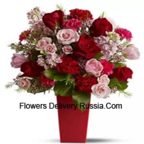 Red Roses, Red Carnations And Pink Roses With Seasonal Fillers In A Glass Vase -- 25 Stems And Fillers