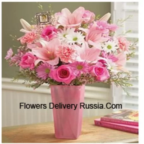 Pink Roses, Pink Carnations, Pink Gerberas, White Gerberas And Pink Lilies With Seasonal Fillers In A Glass Vase