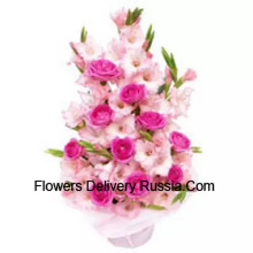 Basket Of Pink Roses And Gladiolus