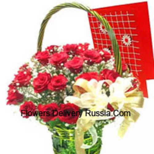 Basket Of 25 Red Roses With A Free Greeting Card