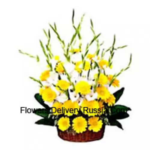 Basket Of Seasonal Flowers And Yellow Gerberas