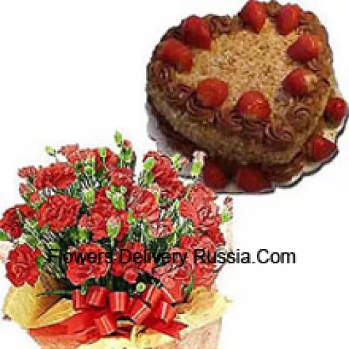 Bunch Of 25 Carnations Wtith Seasonal Fillers And A 1 Kg (2.2 Lbs) Heart Shaped Butter Scotch Cake