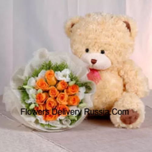 Bunch Of 11 Orange Roses And A Medium Sized Cute Teddy Bear