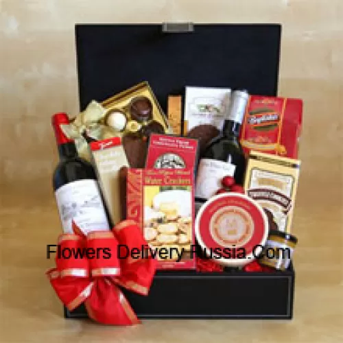 This Gift Basket includes two bottles of red wine, Gourmet crackers, Indulgent fudge, Savory almonds, Sweet truffle cookies, Merlot cheese, Napa Valley mustard, 6-piece gift box of gourmet truffles And Tasty cheese swirls. (Contents of basket including wine may vary by season and delivery location. In case of unavailability of a certain product we will substitute the same with a product of equal or higher value)