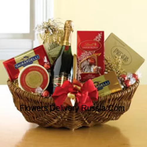 This Gift Basket Includes Domain Ste. Michele sparkling wine, Chocolate truffles assortment, 2 Ghirardelli classic chocolate bars, Toasted sesame crackers, Gourmet cheese and Mixed salted nuts. (Contents of basket including wine may vary by season and delivery location. In case of unavailability of a certain product we will substitute the same with a product of equal or higher value)