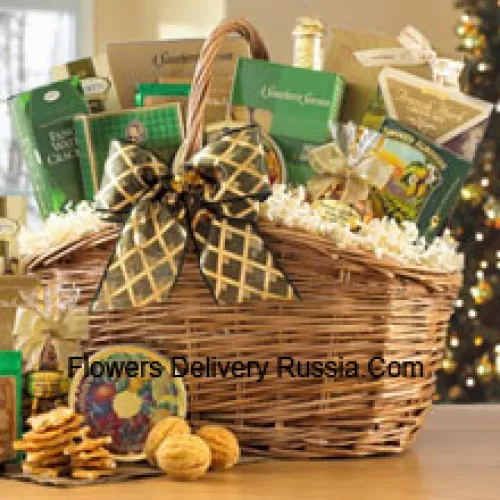 Brighten someone's day with a cheerful sampler of gourmet goodies. Nestled inside this distinctive basket are the finest gourmet treats including Toasted Praline Coffee, Chocolate Wafer Rolls, French Herb Cheese Mix, Fancy Water Crackers, Dutch Gouda Cheese Biscuits, Smoked Almonds, Cashew Brittle, Belgian Chocolates, Mixed Fruit Candies, Cheese Lover's Pub Mix, Golden Walnut Caramel Cookies, Sisters Green Tea and non-alcoholic Sparkling Apple Cider. (Please Note That We Reserve The Right To Substitute Any Product With A Suitable Product Of Equal Value In Case Of Non-Availability Of A Certain Product)