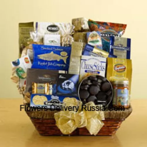 We've packed a wicker basket with a delightful assortment of gourmet foods, all arranged to make a great impression. Your mom is sure to appreciate this gift and will enjoy everything packed inside including tortilla chips, salsa, cheese sticks, brie cheese, water crackers, smoked salmon, pistachios, almonds, popcorn, pretzels, cheese swirls, Jelly Belly jelly beans, assorted Ghirardelli chocolates, wafer cookies, a tin of chocolate-covered sandwich cookies, a bag of Ghirardelli squares, and biscotti. (Please Note That We Reserve The Right To Substitute Any Product With A Suitable Product Of Equal Value In Case Of Non-Availability Of A Certain Product)